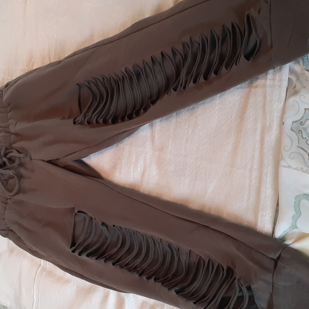 Vocal Laser Cut Gray Distressed Draw String Joggers S… - Gem